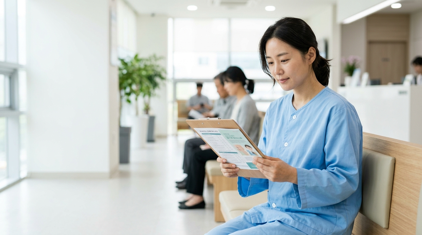 건강검진 준비, 전날 금식 시간과 필수 체크리스트 - 병원 가운을 입고 대기 의자에 앉아 차분하게 건강검진 순서를 기다리는 30대 한국 여성, 밝고 깨끗한 병원 배경, 실사 사진 스타일