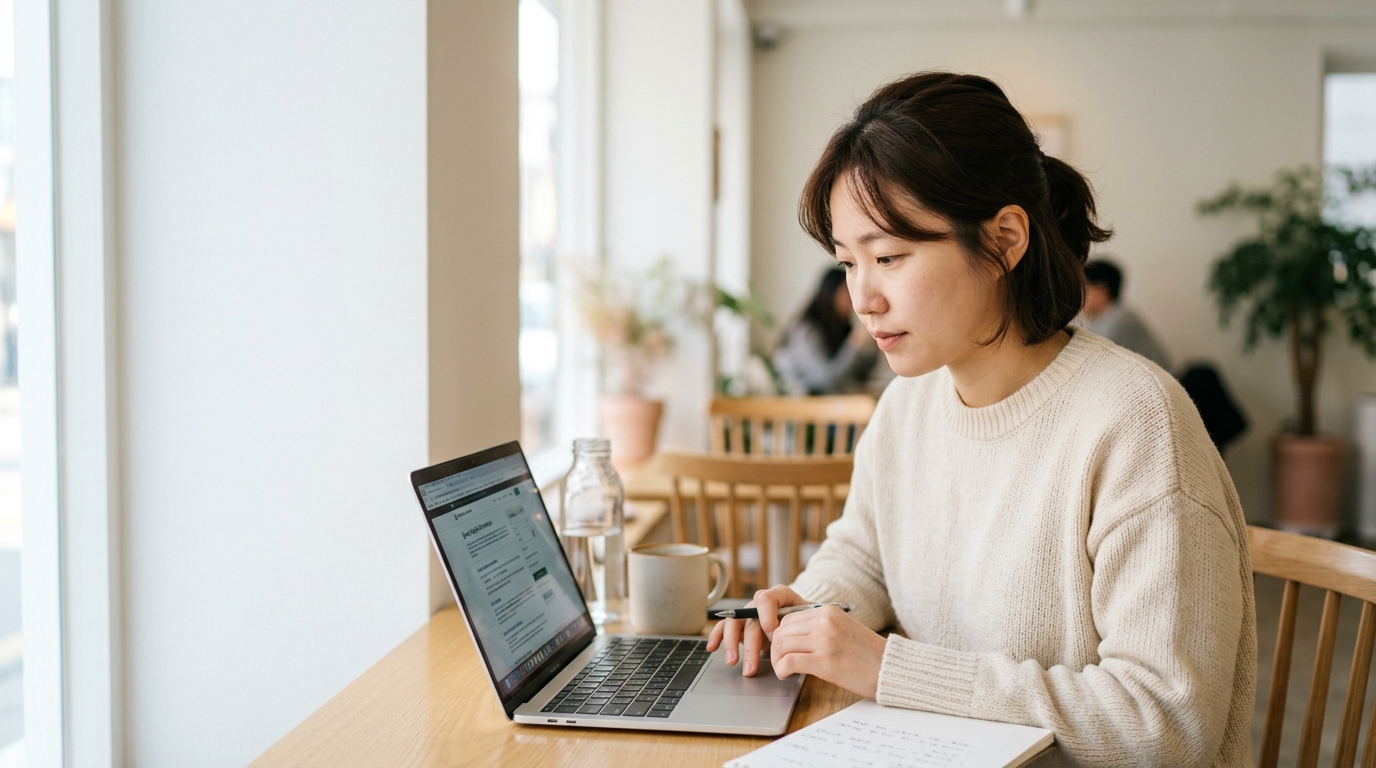 이사 준비 체크리스트 기간별 순서와 비용 절약 방법 - A young Korean woman in her late 20s, sitting on the floor of a nearly empty room surrounded by cardboard boxes, smiling as she looks at a checklist on a tablet. Bright,